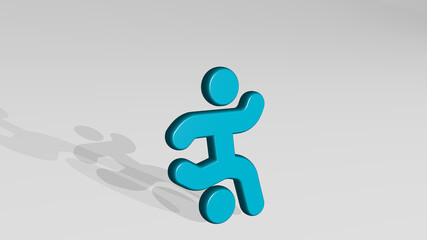 soccer player kick from a perspective with the shadow. A thick sculpture made of metallic materials of 3D rendering. football and ball