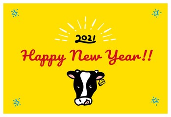 2021年　年賀状　丑年　土鈴　牛の置物と正月飾り　イラスト