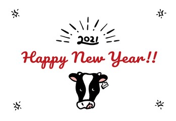 2021年　年賀状　丑年　土鈴　牛の置物と正月飾り　イラスト