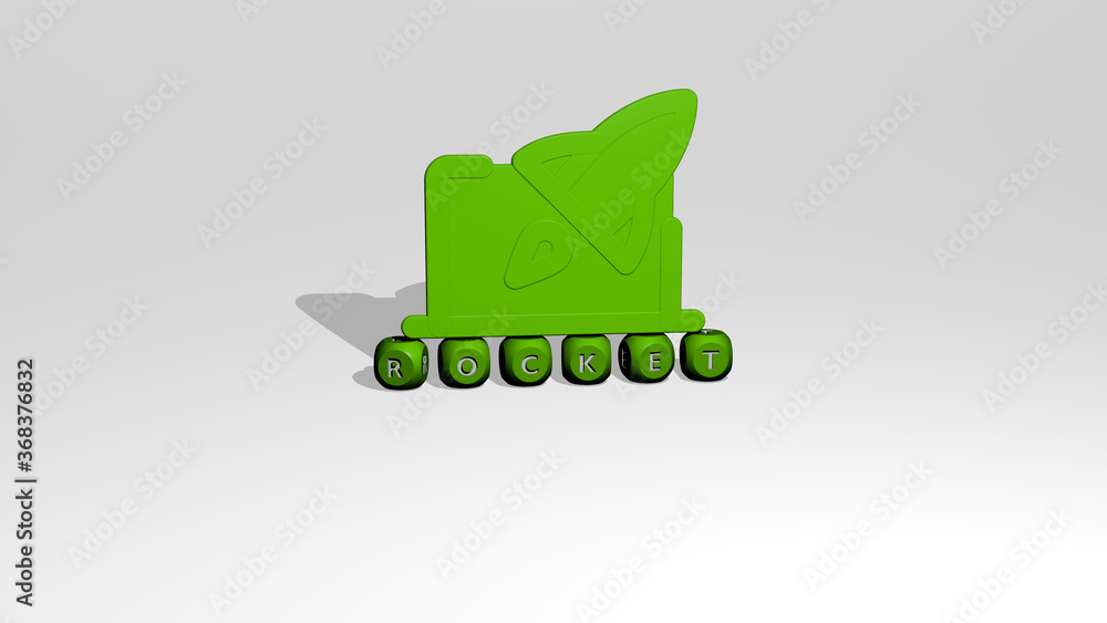 Poster 3d representation of rocket with icon on the wall and text arranged by metallic cubic letters on a m