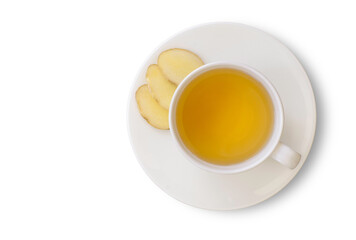 cup of ginger tea on white background. Top view.