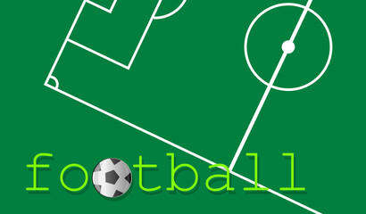 Football in the text. Playing field. A soccer ball. Digital drawing relating to the game, betting and competition. White lines that delimit the areas, zones and regulations of this sport.