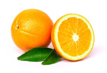 orange fruit with leaf isolated on white background