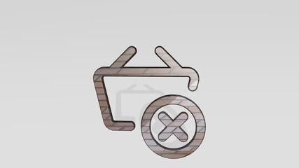 shopping basket remove made by 3D illustration of a shiny metallic sculpture casting shadow on light background. business and concept