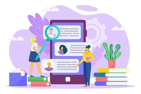 Recruitment process, career and job employment flat vector illustration. Job interview, recruitment agency, hr manager recuits candidates employees. Recuiting company services online.