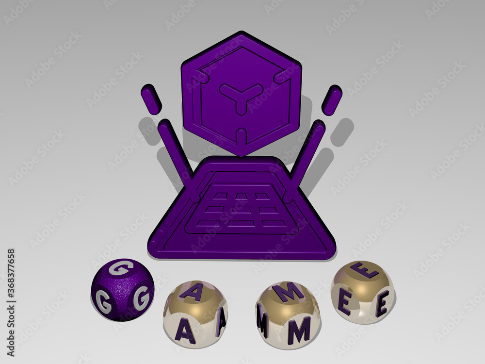 Poster 3d illustration of game graphics and text around the icon made by metallic dice letters for the rela