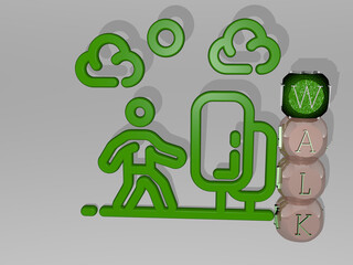 3D illustration of walk graphics and text around the icon made by metallic dice letters for the related meanings of the concept and presentations. beautiful and background