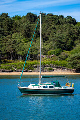 Isolated image of a small sail boat that is anchored on a bay close to the coast. There is nobody on the ship. The hull is green and there is no sail on the mast pole. There is a forest on the coast.