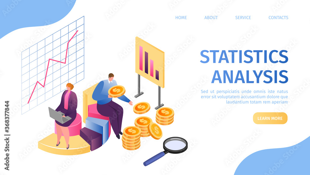 Poster statistic analysis, data marketing and management report landing page vector illustration. process r