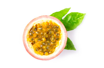 Closeup half sliced of passion fruit  with green leaf isolated on white background. Selective focus.Top view. Flat lay.