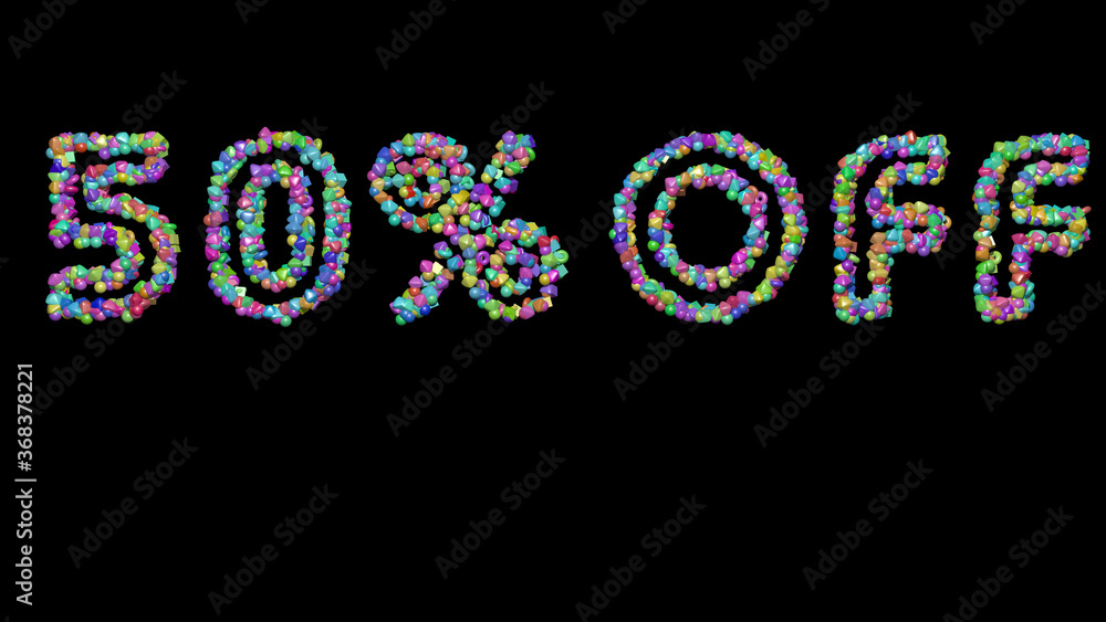 Poster % off written in 3d illustration by colorful small objects casting shadow on a black background