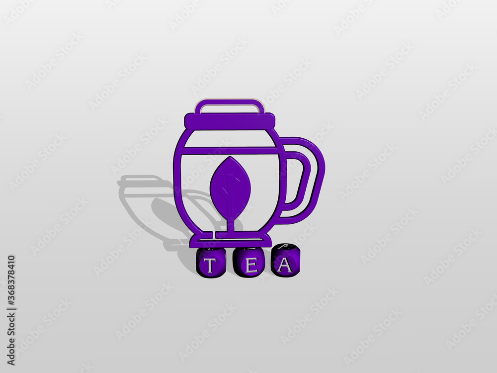 Poster 3d representation of tea with icon on the wall and text arranged by metallic cubic letters on a mirr