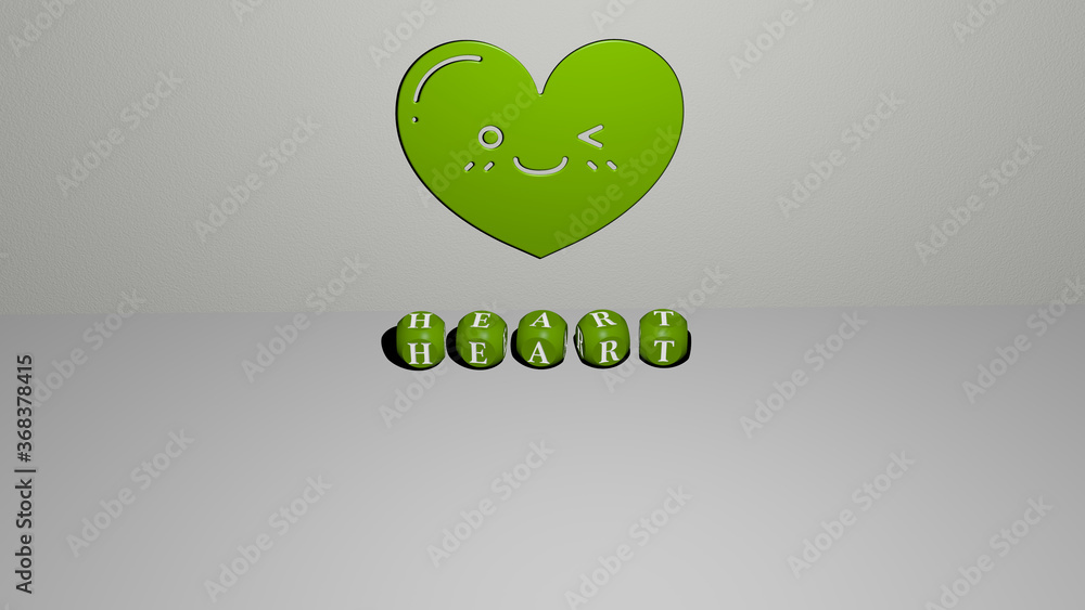 Poster 3d representation of heart with icon on the wall and text arranged by metallic cubic letters on a mi