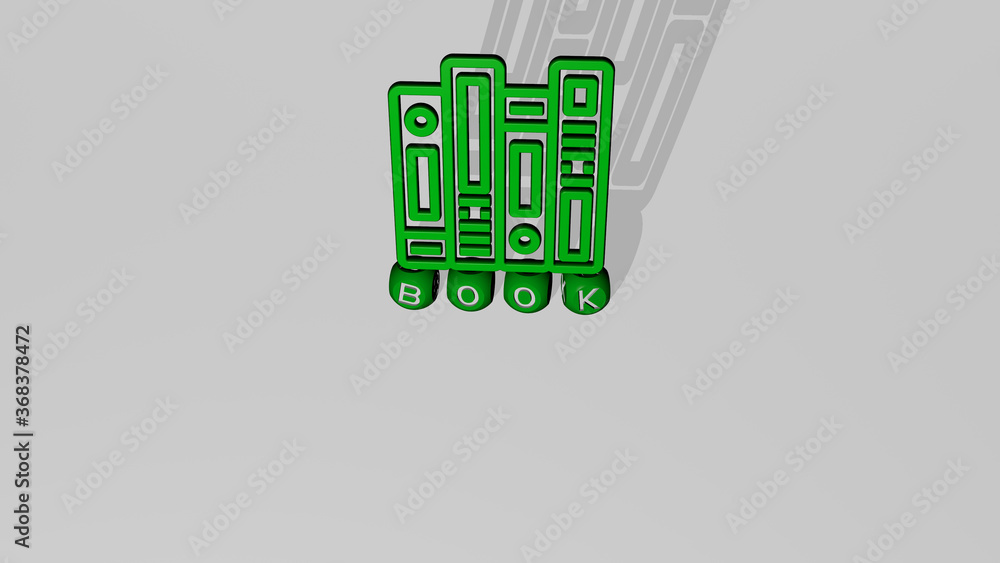 Poster 3d illustration of book graphics and text made by metallic dice letters for the related meanings of 