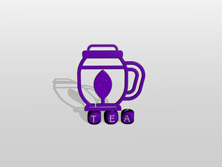 3D representation of tea with icon on the wall and text arranged by metallic cubic letters on a mirror floor for concept meaning and slideshow presentation. background and cup