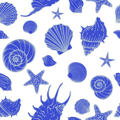 Seamless pattern with seashells, starfishes. Marine background.  Hand drawn vector illustration in sketch style. Perfect for greetings, invitations, coloring books, textile, wedding and web design.
