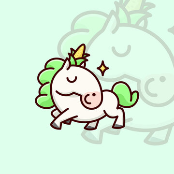 CUTE WHITE UNICON WITH GREEN HAIR AND A CORN ON HEAD