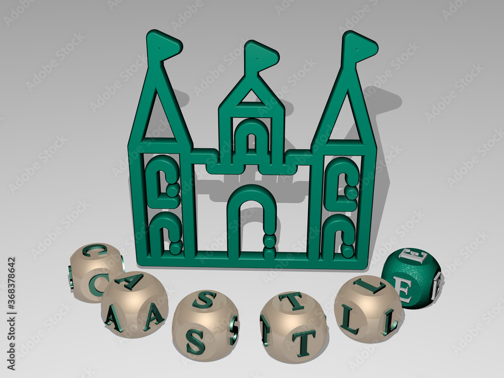 Poster 3d representation of castle with icon on the wall and text arranged by metallic cubic letters on a m