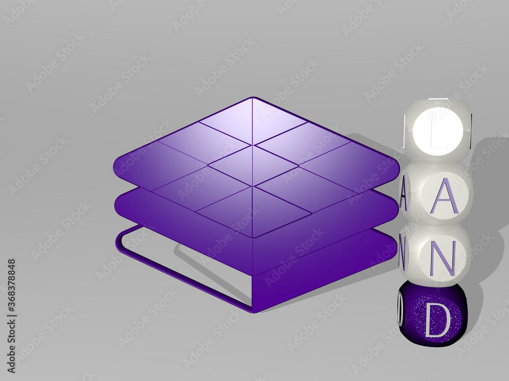 Aufkleber 3d representation of land with icon on the wall and text arranged by metallic cubic letters on a mir