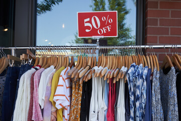 Discounted fashion dresses, sweaters, and jeans hanged on a clothes rack outside a retail store....