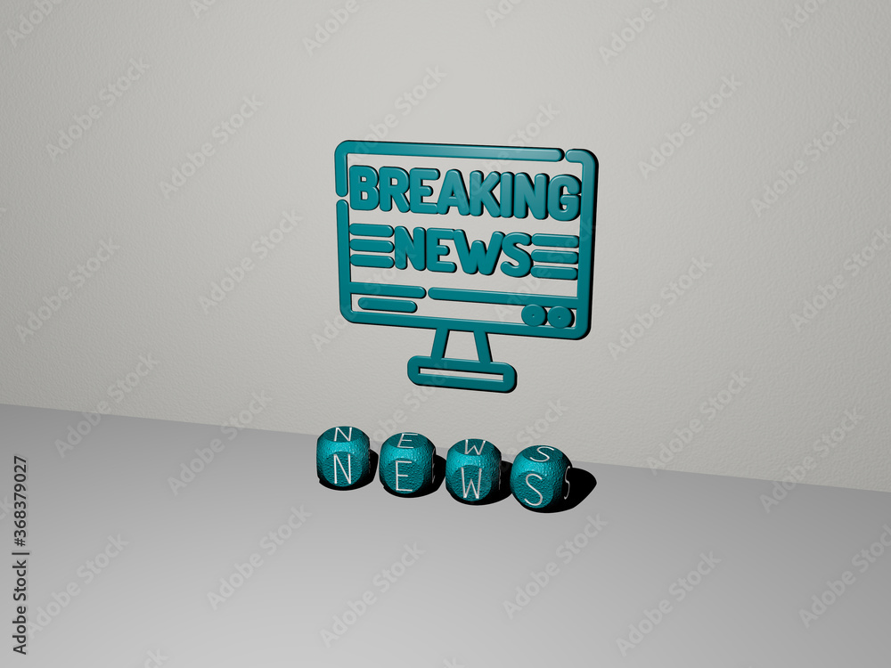 Poster 3d graphical image of news vertically along with text built by metallic cubic letters from the top p