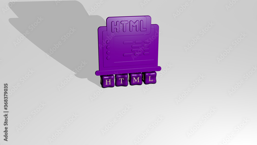 Poster 3D representation of html with icon on the wall and text arranged by metallic cubic letters on a mirror floor for concept meaning and slideshow presentation. illustration and code