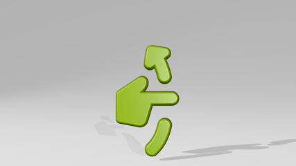 gesture swipe vertical up from a perspective with the shadow. A thick sculpture made of metallic materials of 3D rendering. background and hand