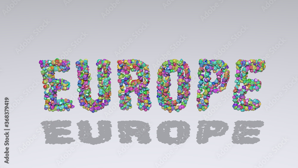 Poster europe: 3d illustration of the text made of small objects over a white background with shadows. arch