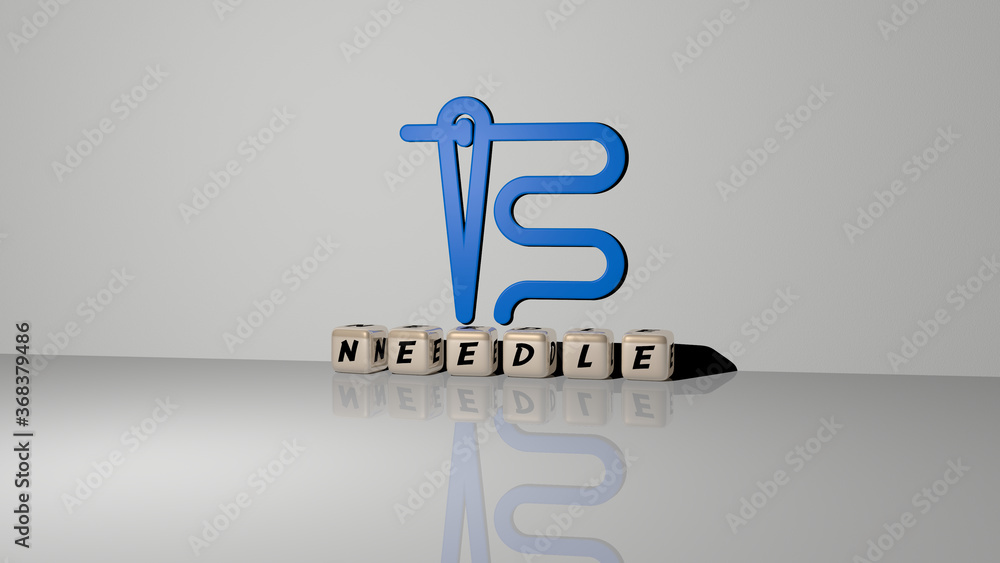 Poster 3d graphical image of needle vertically along with text built by metallic cubic letters from the top