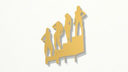 GIRLS made by 3D illustration of a shiny metallic sculpture on a wall with light background. beautiful and happy