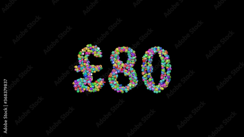 Poster £ written in 3d illustration by colorful small objects casting shadow on a black background