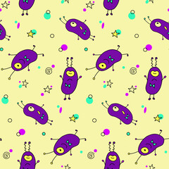 Vector color seamless repeating childish pattern with cute monsters aliens and space doodles. Baby background perfect for fabric, wrapping, wallpaper, textile, apparel, cover