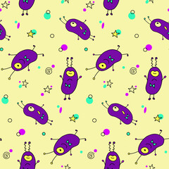 Vector color seamless repeating childish pattern with cute monsters aliens and space doodles. Baby background perfect for fabric, wrapping, wallpaper, textile, apparel, cover