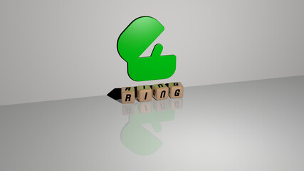 3D representation of ring with icon on the wall and text arranged by metallic cubic letters on a mirror floor for concept meaning and slideshow presentation. background and illustration