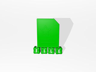 Fototapeta premium 3D representation of FILE with icon on the wall and text arranged by metallic cubic letters on a mirror floor for concept meaning and slideshow presentation. illustration and background