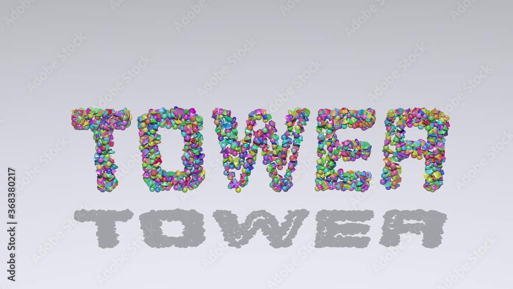 Poster Colorful 3D writting of tower text with small objects over a white background and matching shadow. architecture and building