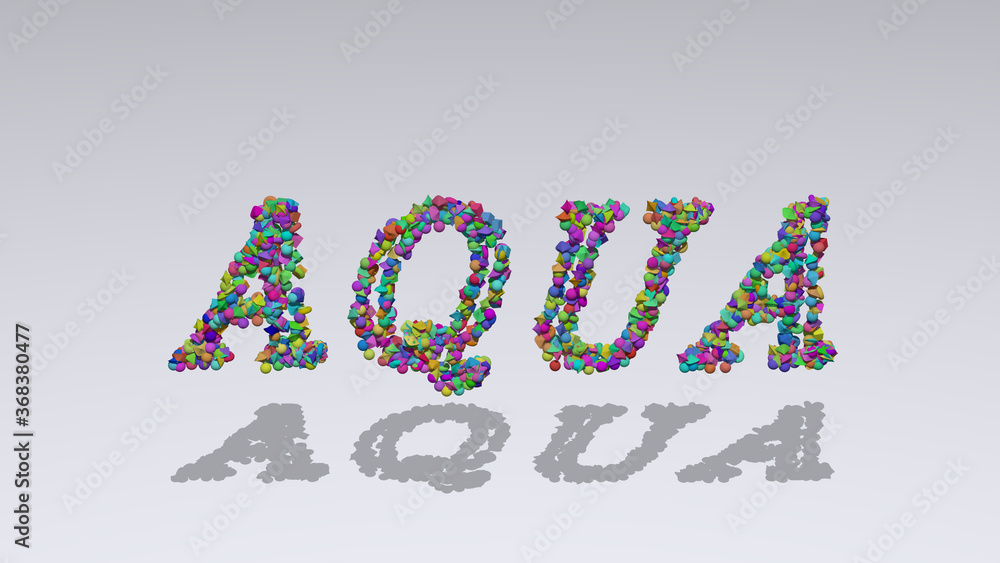 Poster colorful 3d writting of aqua text with small objects over a white background and matching shadow. bl