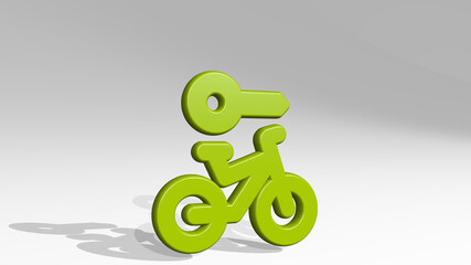 bicycle lock key from a perspective with the shadow. A thick sculpture made of metallic materials of 3D rendering. bike and city