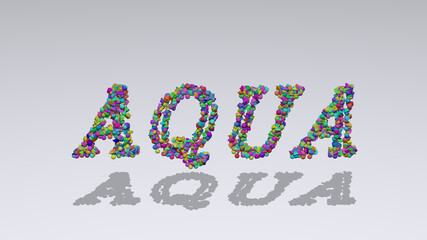 Colorful 3D writting of aqua text with small objects over a white background and matching shadow. blue and illustration