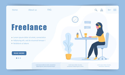 Woman freelance. Landing page template. Arabian girl in headphones with laptop sitting at a table. Concept illustration for working, studying, education, work from home, healthy lifestyle.