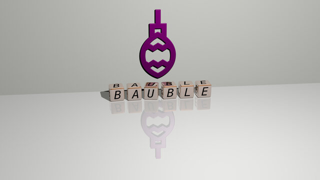 3D graphical image of bauble vertically along with text built by metallic cubic letters from the top perspective, excellent for the concept presentation and slideshows. christmas and background