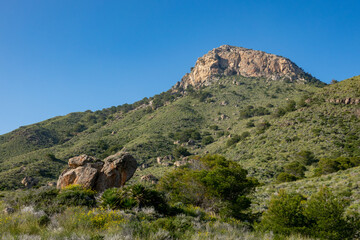 Green mountains and sandy beaches of regional park of Calblanque, Monte de las Cenizas and Peña del Aguila in Spain