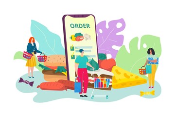 Food delivery service, order courier, happy people shopping and receiving ready meal at home using smartphone app vector illustration. Tiny people carrying bags and food delivery order online.