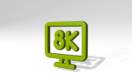 MODERN TV 8K made by 3D illustration of a shiny metallic sculpture with the shadow on light background. design and abstract