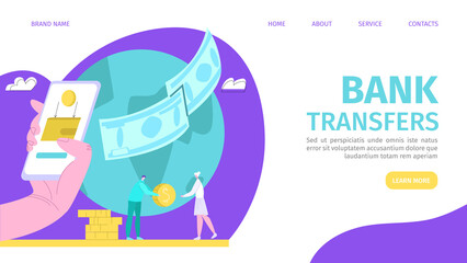 Bank transfer, money online payment methods vector illustration. Internet banking, purchasing and transaction, electronic funds transfers and bank wire. Electronic finances managments.
