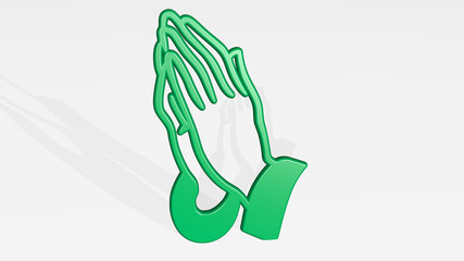 praying hands made by 3D illustration of a shiny metallic sculpture with the shadow on light background. woman and god