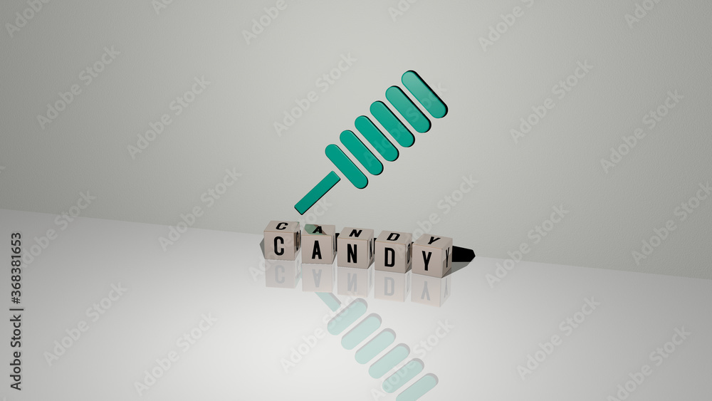 Aufkleber 3d representation of candy with icon on the wall and text arranged by metallic cubic letters on a mi
