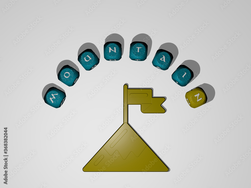 Poster 3d representation of mountain with icon on the wall and text arranged by metallic cubic letters on a
