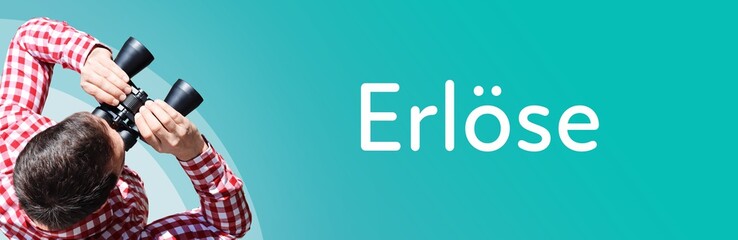 Fototapeta premium Erlöse. Mann mit Fernglas aus Vogelperspektive. Beobachtung, Draufsicht, Panorama. Business Text auf blau. Statistik, Wirtschaft