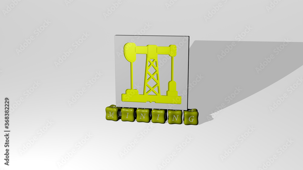 Poster 3d illustration of mining graphics and text made by metallic dice letters for the related meanings o